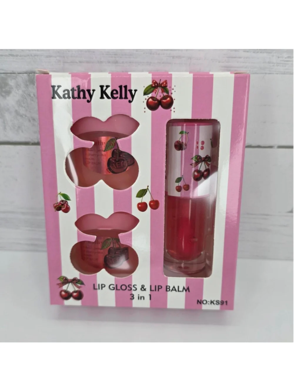 Kathy Kelly cherry lip gloss and balm set
